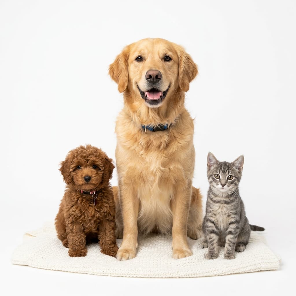 Golden Retriever, Poodle and Kitten